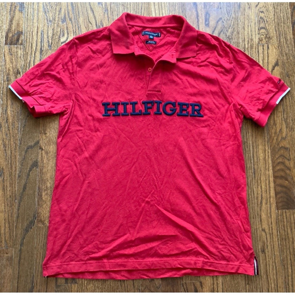 Tommy Hilfiger Polo Shirt Mens Size XL Spell Out Logo Red Short Sleeve Y2K Flag